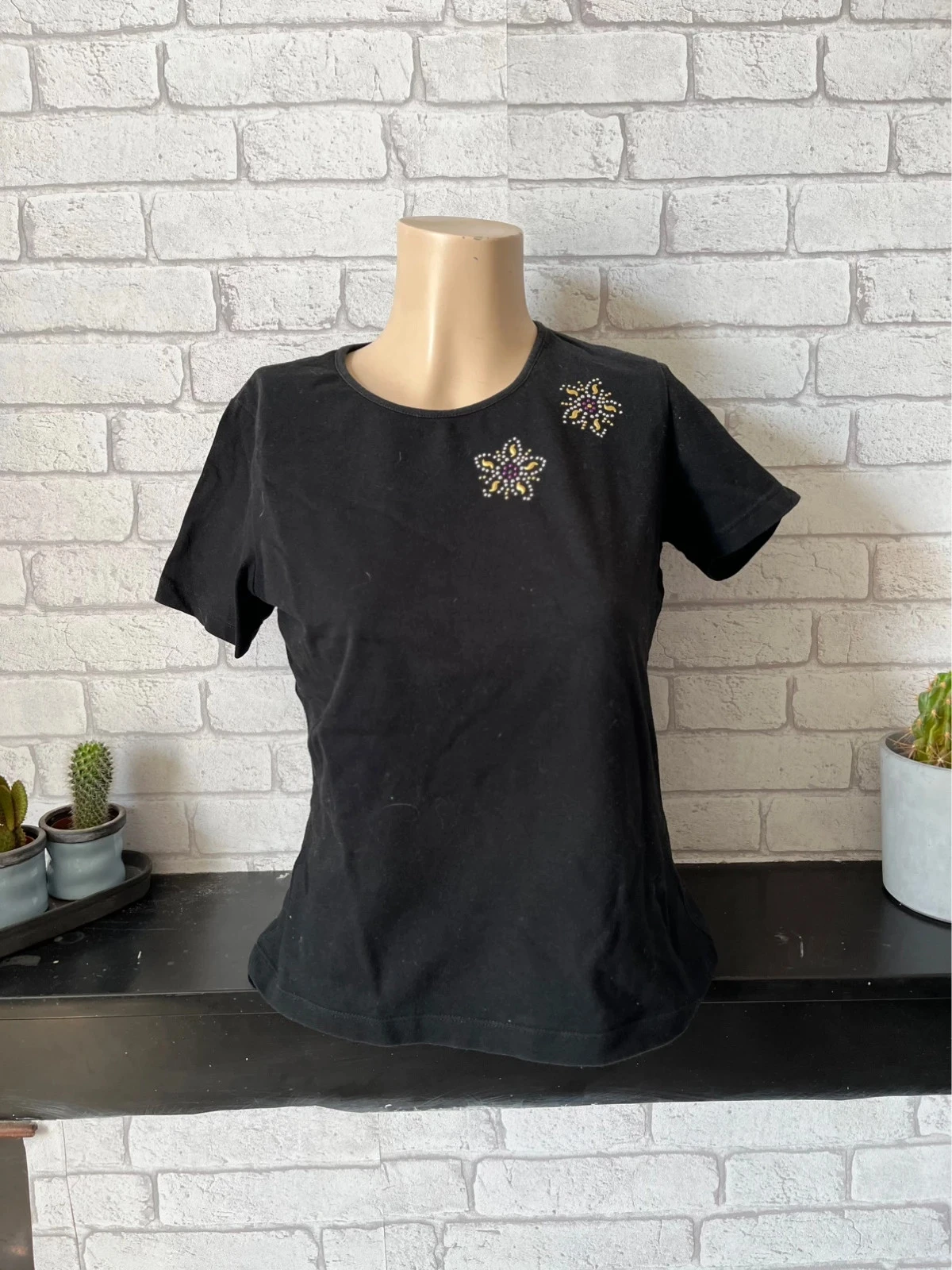 T-shirt femme Aquarelle noir – Taille 36 – Coton stretch – Très bon état